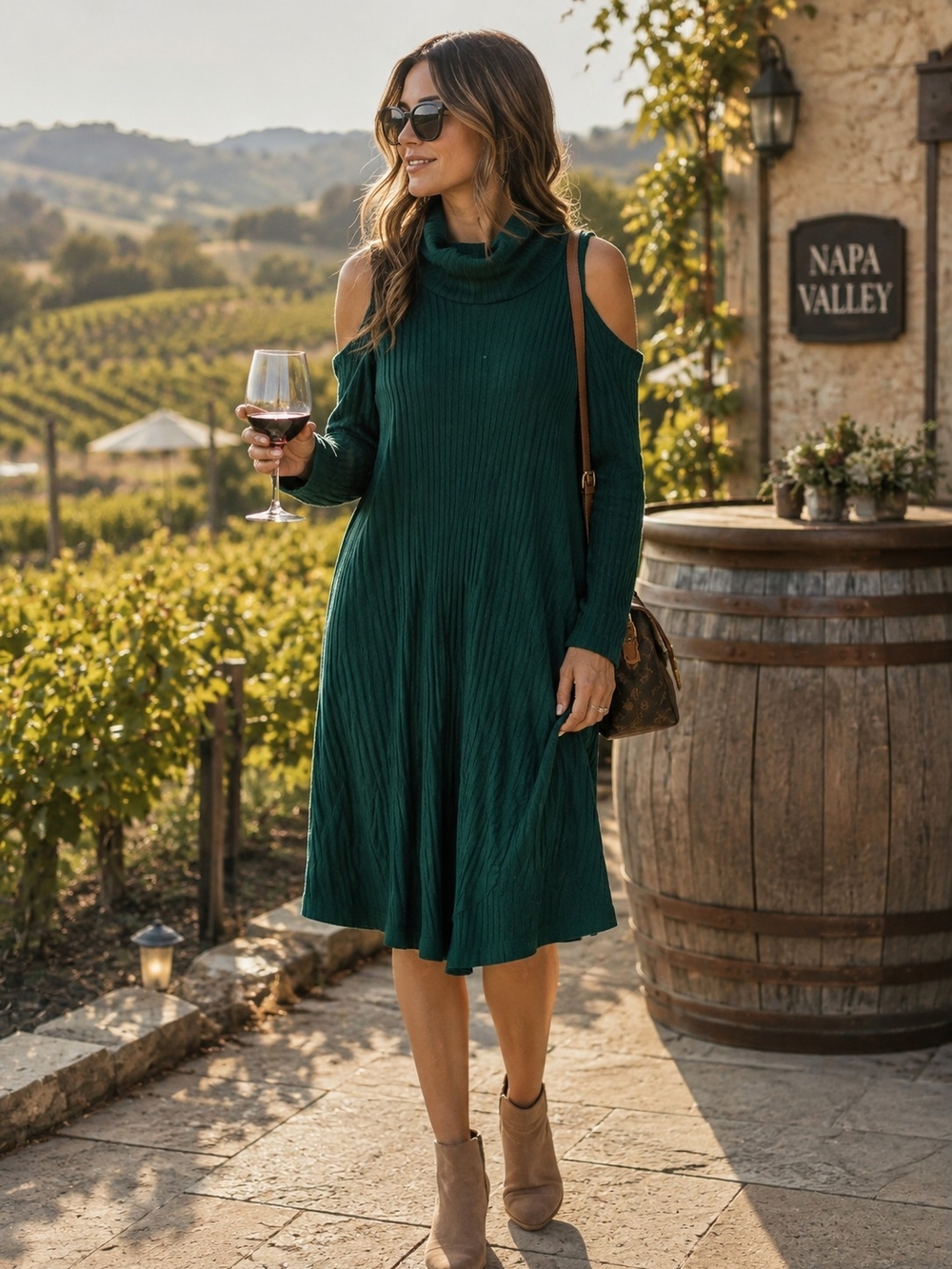 Cold-Shoulder Turtleneck Swing Dress in Emerald Green